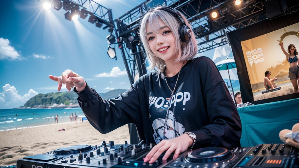 (ultra - detailed, 16K resolution, Cinema lenses, rendering by octane), (high resolution:1.18), intricate detail, (masterpiece:1.1), (highest quality:1.1), (1girl, portrait, white hair, blue eyes, short hair, detailed eyes),Wearing silver DJ headphones, Shiny silver sequined T-shirt, (in the beach:1.5), (Iconic hip-hop pop costumes:1.3), Smile while DJing on stage, DJ studio next to the beach, ((A stylish DJ stage on a hill overlooking the beach)), full body shot, Photorealistic photography by Sunshine, (cute round face:1.3), perfect fingers, five fingers, beautiful hands, perfect hands. master peace, cute smile.