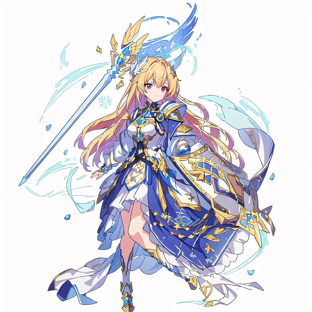 Highest quality, high resolution, High quality game art style, Official Art, whole body, Smooth game CG art, Cute 3D anime girl render, Visual Novel Sprites, White background,Smooth game CG art, humanoid woman, JRPG Characters, A woman in a white dress and blue armor holding a spear, Anime Goddess, An intricately designed helmet with white feathers,Small shield, Intricate blue and gold armor,Golden Hair Anime Girl, Red eyes, long hair, Rin々Shii,Large Bust,,Valkyrie,