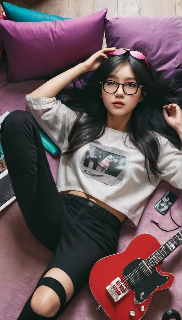 A captivating flat lay photograph of a young, fashionable woman lying on her back, surrounded by a collection of daily items. Her long, curly black hair cascades around her face, and she wears a red jacket with a silver "I <3 NY" t-shirt underneath. She dons wireless headphones and sunglasses, holding a digital camera over her chest. A guitar, DAP player, smartphone, laprop, and vinyl record are dispersed around her, reflecting a blend of old and new. The background features vibrant teal and purple fabrics, creating a cozy, artistic atmosphere. The soft, natural lighting suggests an indoor setting illuminated by daylight., photo