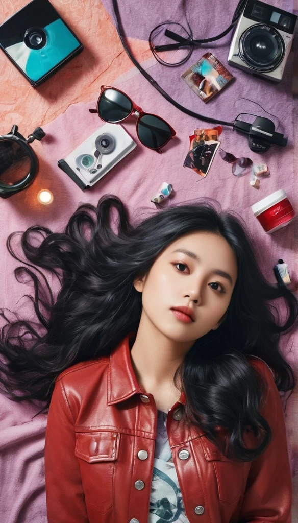 A captivating flat lay photograph of a young, fashionable woman lying on her back, surrounded by a collection of daily items. Her long, curly black hair cascades around her face, and she wears a red jacket with a silver "I <3 NY" t-shirt underneath. She dons wireless headphones and sunglasses, holding a digital camera over her chest. A guitar, DAP player, smartphone, laprop, and vinyl record are dispersed around her, reflecting a blend of old and new. The background features vibrant teal and purple fabrics, creating a cozy, artistic atmosphere. The soft, natural lighting suggests an indoor setting illuminated by daylight., photo