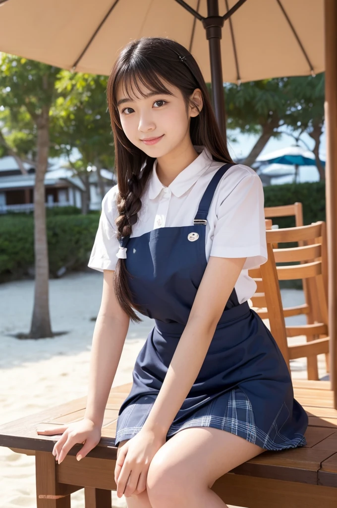 20 years old girl (Japanese cute face) wearing mini skirt and apron at beach house