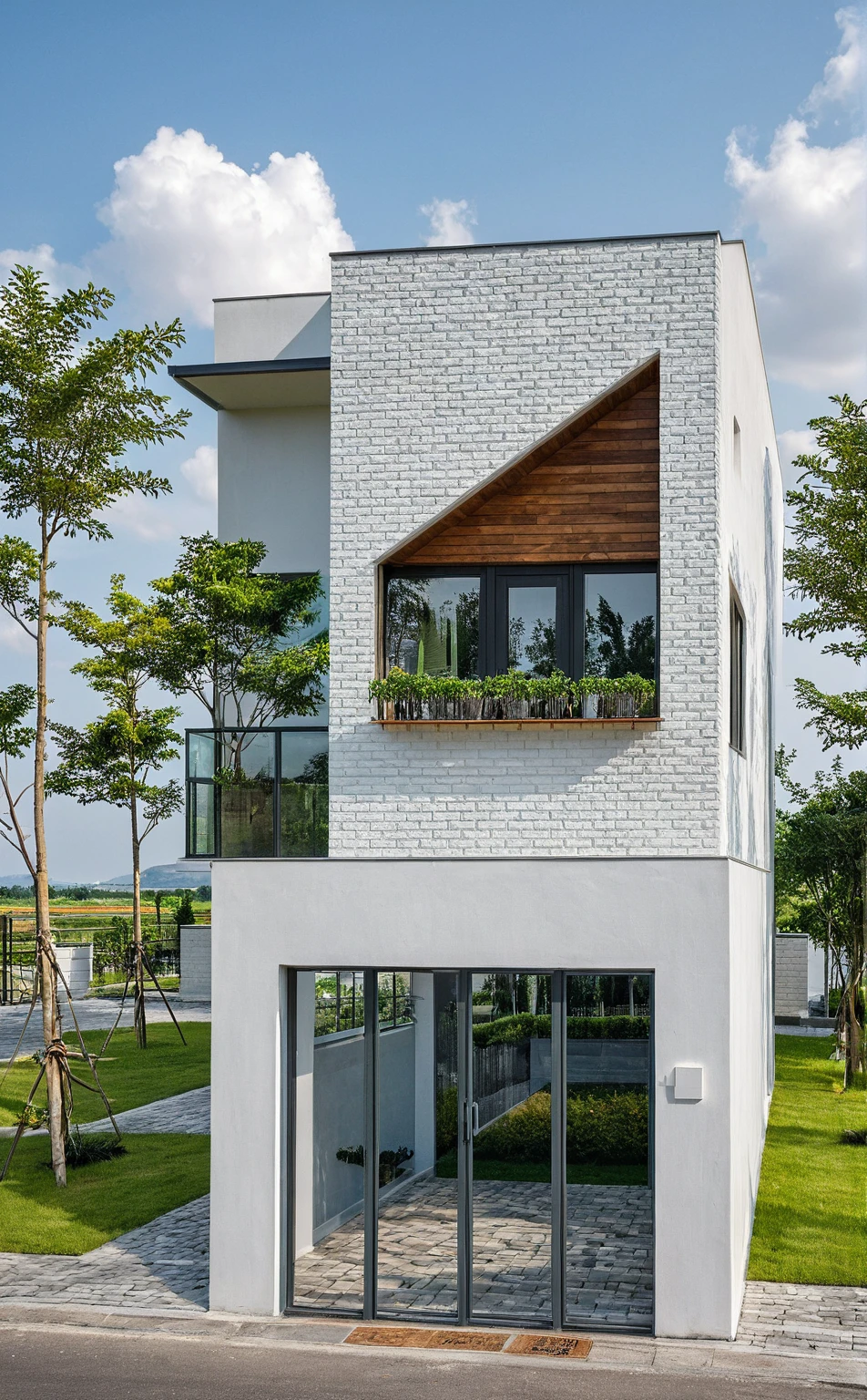 Masterpiece, high quality, best quality, authentic, realistic scene, super detail, outdoors, house on the street ,white wall, glass window, steel gate, road, pavement, grass, trees, sky, cloud, car (daylight:1.1)
