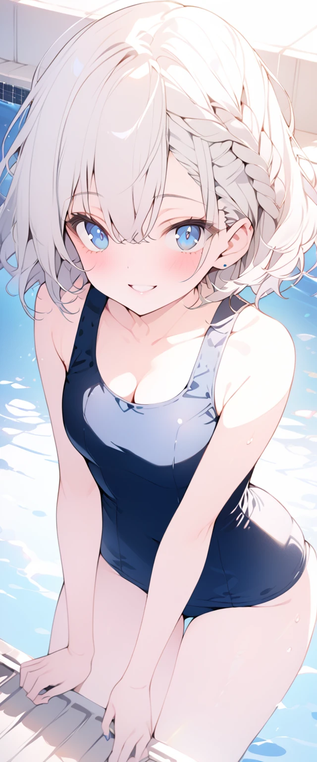 beautiful, masterpiece, Highest quality, anime, One girl,Portrait Shot, View your viewers, Covered、Short Hair、nearby、Blue Eyes、art、White hair,black streaked hair、Thighs、Braid、Bright、smile、Cleavage、 Torn old school swimsuit、Poolside、Nipples、Pussy
