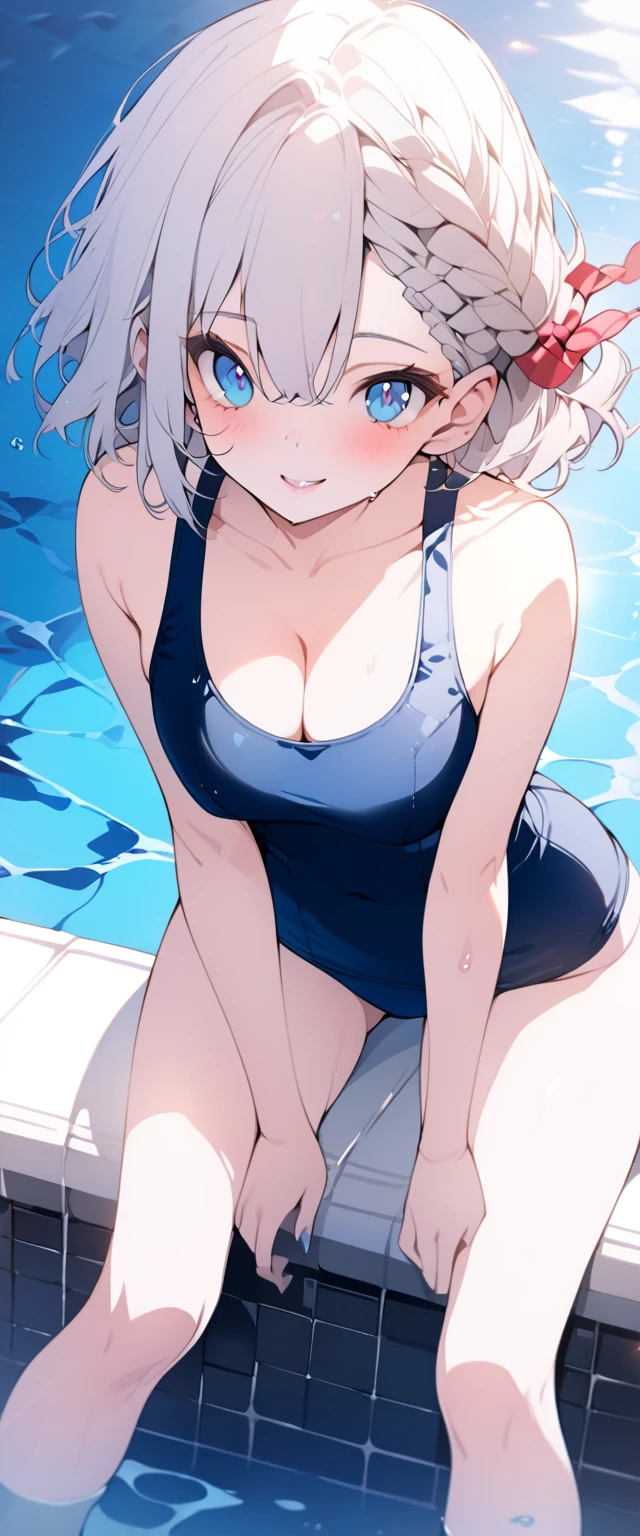 beautiful, masterpiece, Highest quality, anime, One girl,Portrait Shot, View your viewers, Covered、Short Hair、nearby、Blue Eyes、art、White hair,black streaked hair、Thighs、Braid、Bright、smile、Cleavage、 Old school swimsuit、Poolside、Diving
