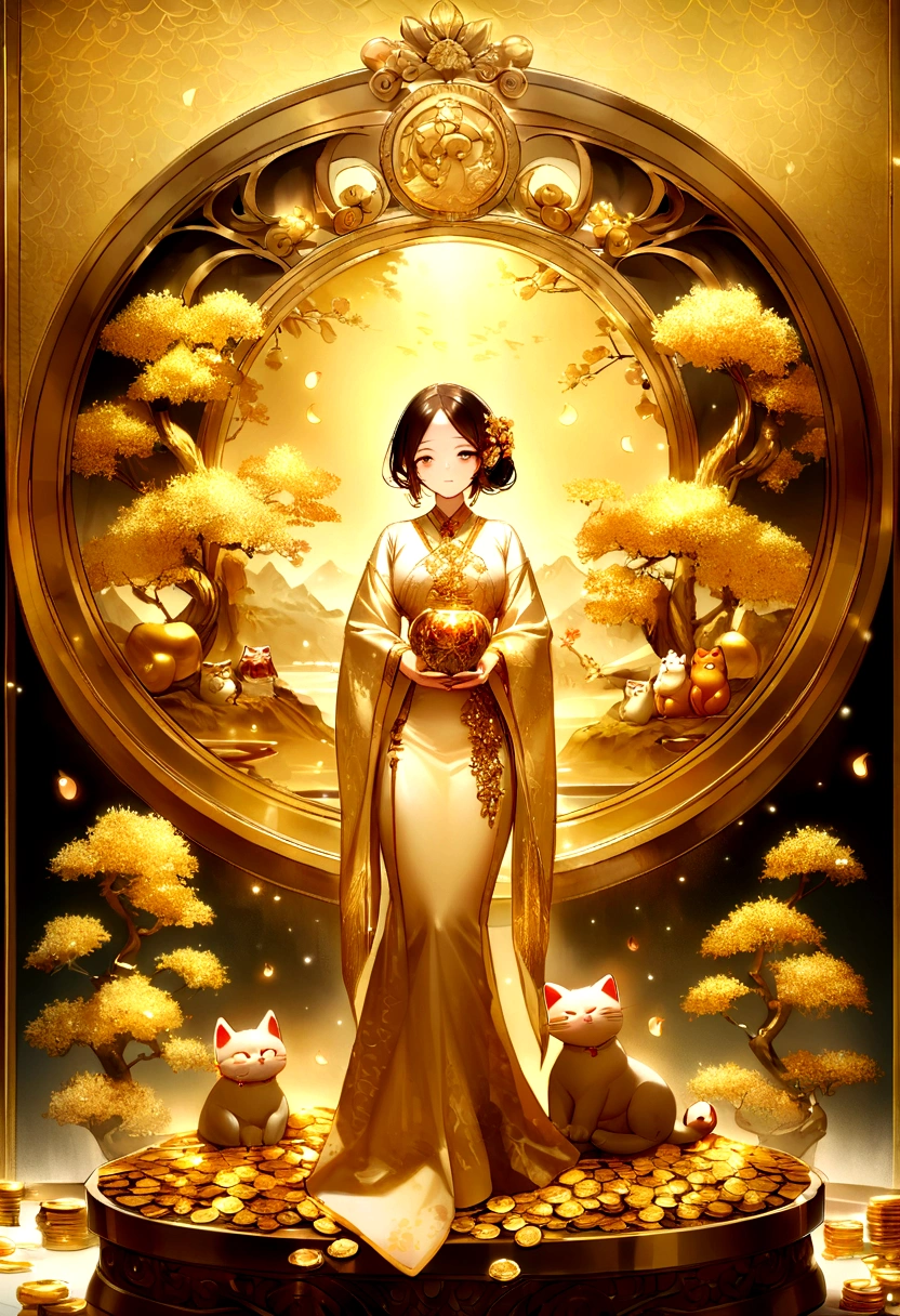 Create a wallpaper image that promotes financial luck and prosperity. The background features a radiant golden light, symbolizing wealth and abundance. Incorporate elements such as gold coins and gems, golden plants and trees, and symbols of prosperity like a dragon or koi fish. Add a touch of elegance with a golden wallet or safe, and include a lucky cat (maneki-neko) for good fortune. The overall atmosphere should be luxurious, hopeful, and filled with positive energy.