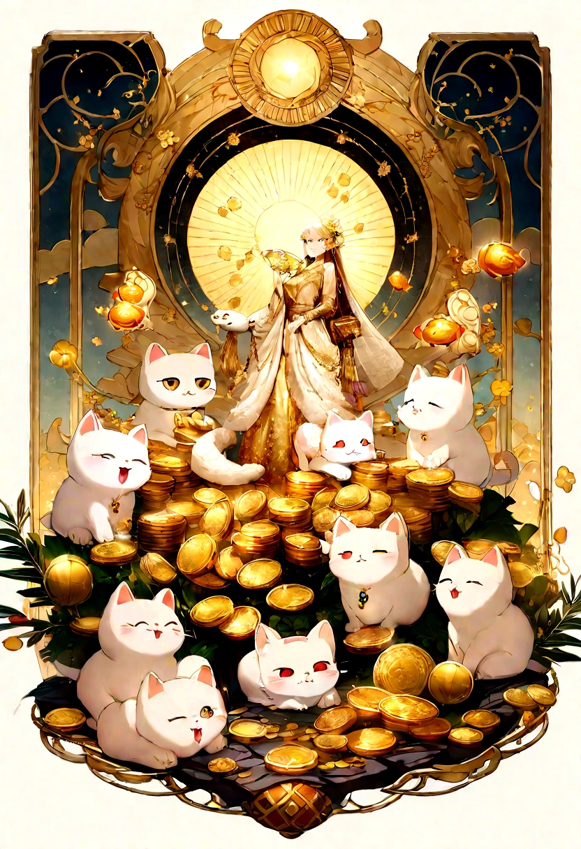 Create a wallpaper image that promotes financial luck and prosperity. The background features a radiant golden light, symbolizing wealth and abundance. Incorporate elements such as gold coins and gems, golden plants and trees, and symbols of prosperity like a dragon or koi fish. Add a touch of elegance with a golden wallet or safe, and include a lucky cat (maneki-neko) for good fortune. The overall atmosphere should be luxurious, hopeful, and filled with positive energy.

