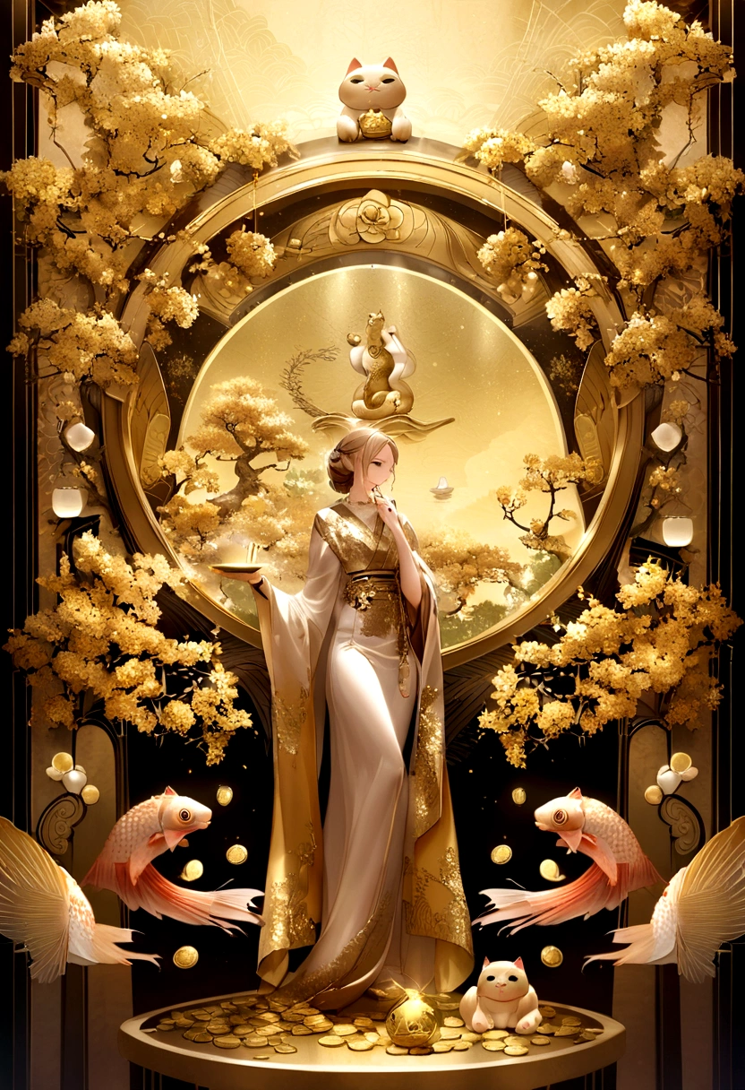 Create a wallpaper image that promotes financial luck and prosperity. The background features a radiant golden light, symbolizing wealth and abundance. Incorporate elements such as gold coins and gems, golden plants and trees, and symbols of prosperity like a dragon or koi fish. Add a touch of elegance with a golden wallet or safe, and include a lucky cat (maneki-neko) for good fortune. The overall atmosphere should be luxurious, hopeful, and filled with positive energy.

