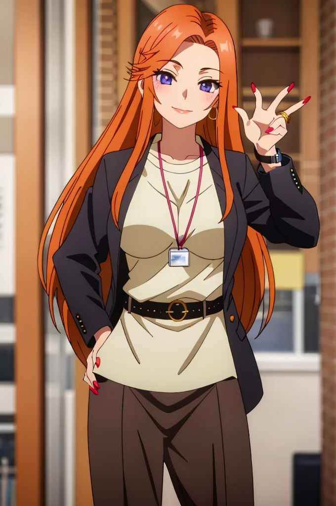 ((best quality)),((highly detailed)),masterpiece,absurdres,detailed face,beautiful face,(detailed eyes, deep eyes),1girl,((dynamic pose)) ,  Mai, orange hair, long hair, one eye closed, solo, purple eyes, red nails, nail polish, breasts, belt, hand on hip, jacket, sweater, v, large breasts, looking at viewer, smile, indoors, standing, lips, mole, pink nails, fingernails, very long hair, white sweater, lipstick, jewelry, white shirt, black miniskirt, necklace, jewelry, 1girl, bracelet, large breasts, black hair, miniskirt, long hair, cleavage, blurry, lips, large breasts, necklace, watch, depth of field, ring, standing, realistic, solo, blurry background, sweet smile, Office suit, in office, working, sexy, sensual,(id card lanyard/)