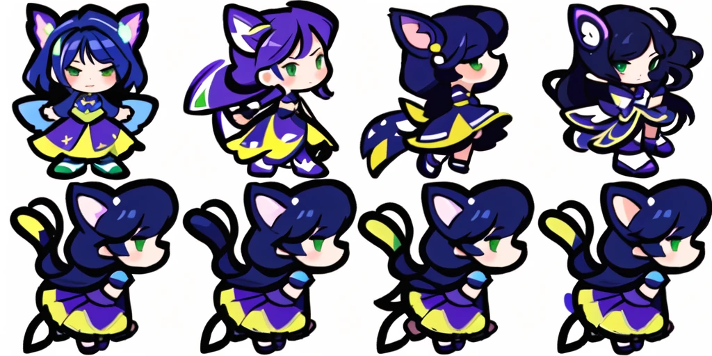 a close up of a cartoon character with different poses, spritesheet, sprite sheet, with familiar sprites, sprites, fairy girl, morgana, default pose neutral expression, twirling, sprite 2 d, shady, green fairy, smol, multiple poses, cute chibi, kawaii