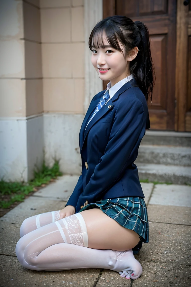 (8K), (highest quality: 1.2), (realistic), (realistic: 1.37), ultra high resolution, (1 girl、), cute, smile, closed mouth, beautiful details, beautiful nose, wet hair, giant dulcefo, pork, thighs,Self snap,High school Student Uniform,(A simple navy blue blazer),pleated skirt,(The skirt and tie are gray tartan check pattern....:1.3),(sitting:1), sit on the ground,(hug your feet:1),white pantyhose,from the front,knees、loafers、Low - Angle、From the front view、Checkered Pleated Skirt、Ponytail 1.2、Knee-high socks、barefoot、((Between the legs、Panties that fit the female genitals、White panties、膝を上げて、お尻を床に付けて座る))