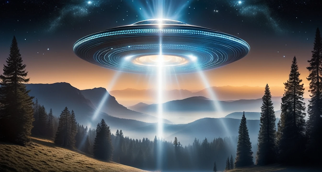 Arcane Starlight: UFOs emit ethereal rays that inscribe cosmic revelations in the night sky, intertwining mysticism with stellar brilliance.