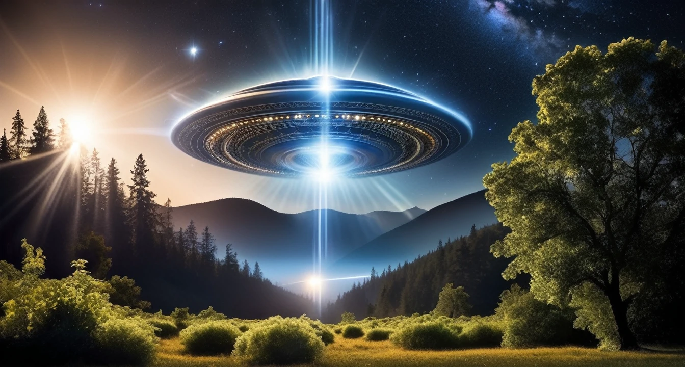 Arcane Starlight: UFOs emit ethereal rays that inscribe cosmic revelations in the night sky, intertwining mysticism with stellar brilliance.