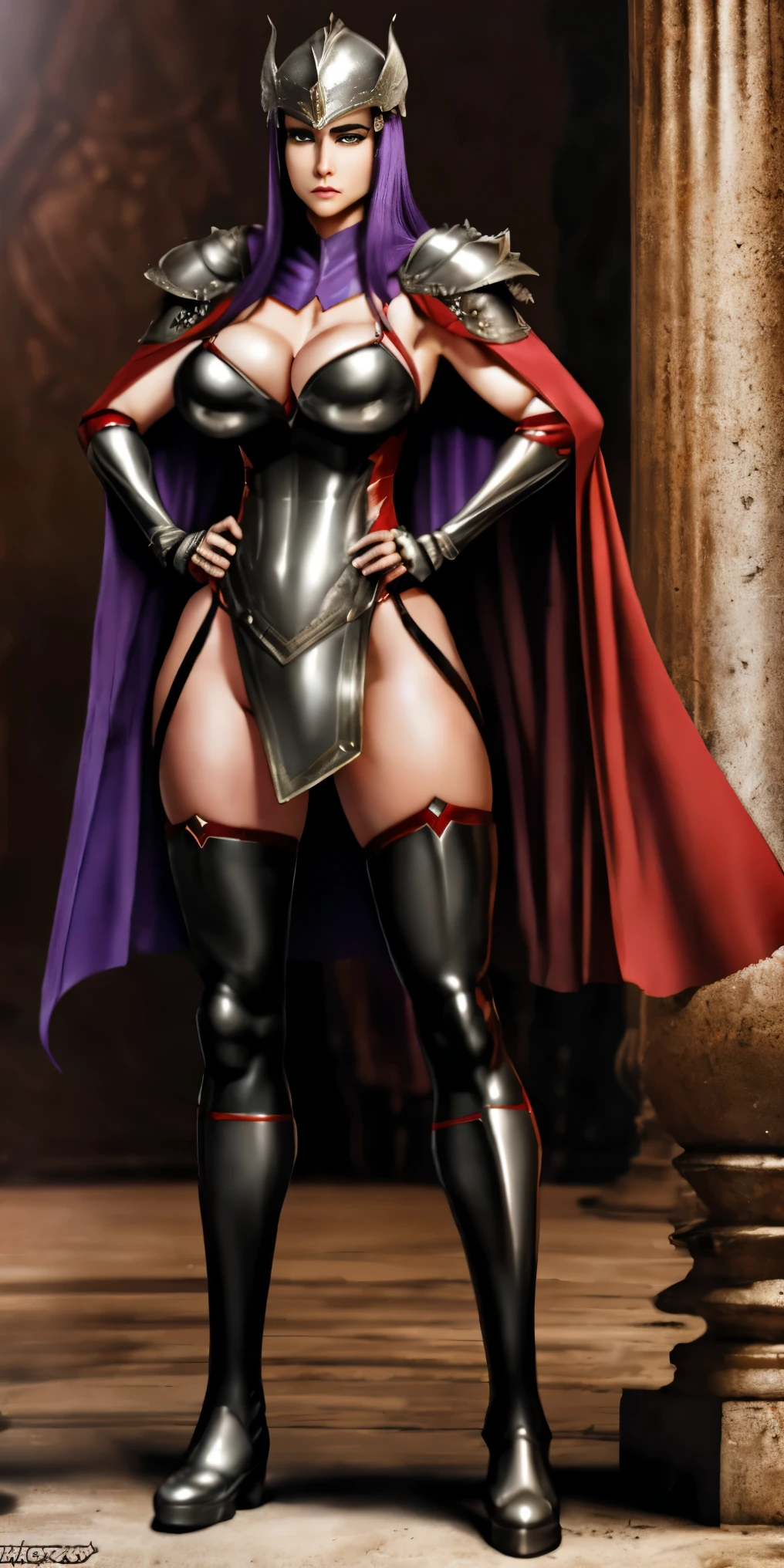 Character: Gender: Female Age: Mature (combines "veteran warrior" and "milf") Body type: Strong and athletic Skin: Very purple Hair: (details missing from prompt, can be added later) Attire: Armor: Full body, heavy armor (preferably red accents) Clothing: Red cape Adventurer's outfit (suggests practicality and readiness for exploration) Brown leather boots Pose: Full body standing Straight posture Symmetrical (implies a confident and imposing stance) Additional Notes: Avoid overly sexualized terms ("bimbo") Consider replacing "milf" with a descriptor that emphasizes experience, like "seasoned warrior" Optional details you can add: Hair color and style (e.g., long flowing braid, short and practical) Specific details about the armor (e.g., decorated breastplate, ornate helmet) Facial expression (e.g., determined, stoic)