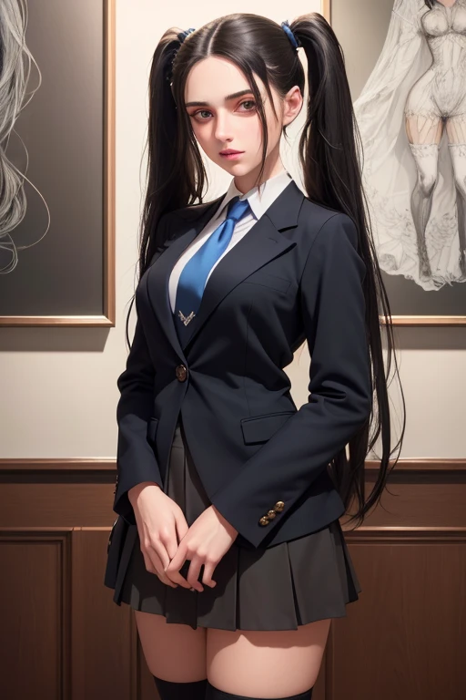 a beautiful young woman with long black hair in twin tails, beautiful detailed eyes, beautiful detailed lips, extremely detailed eyes and face, longeyelashes, wearing a blue blazer style uniform with a tie and tight skirt, knee socks, standing in an anatomy club room, gazing at the viewer with a sweet expression, surrounded by drawings of the human body on a blackboard, (best quality,4k,8k,highres,masterpiece:1.2),ultra-detailed,(realistic,photorealistic,photo-realistic:1.37),HDR,UHD,studio lighting,ultra-fine painting,sharp focus,physically-based rendering,extreme detail description,professional,vivid colors,bokeh,portraits,photography,warm colors,dramatic lighting