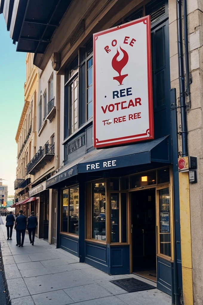 a building that has a sign that says Vore restaurant free prey and that you see people inside the restaurant that have blue marks on their necks and that those people swallow other people that the waiters serve alive and that the people who are swallowed have a red mark on the neck and people who have a distended belly as if they had a person inside them