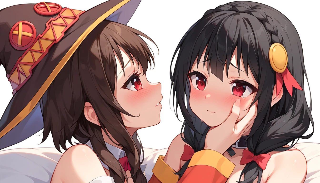 ((2girls:1.3)), ((moe style:1.3)), bunny girl outfit, ((kabedon:1.3)), ((hand on face:1.3)), teasing, ((medium full shot)), yuri, ((black hair:1.3)), megumin (konosuba), yunyun (konosuba), ((shy:1.3)), blush, ((perfect face)), ((extremely cute:1.3)), ((masterpiece:1.3)), ((8k)), ((best quality:1.3)), ((beautiful)), ((extremely detailed:1.3)) , ((absurdres)), AddXL, ((score_9:1.3)), ((score_8_up:1.3)), ((score_7_up:1.3)), Expressiveh