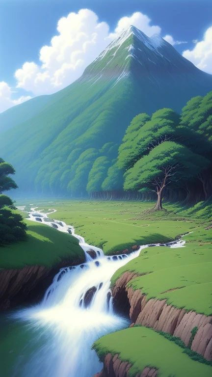 Practical, for real, Beautiful and stunning landscape oil painting Hayao Miyazaki Studio Ghibli'Petal grassland with blue sky and white clouds--v6