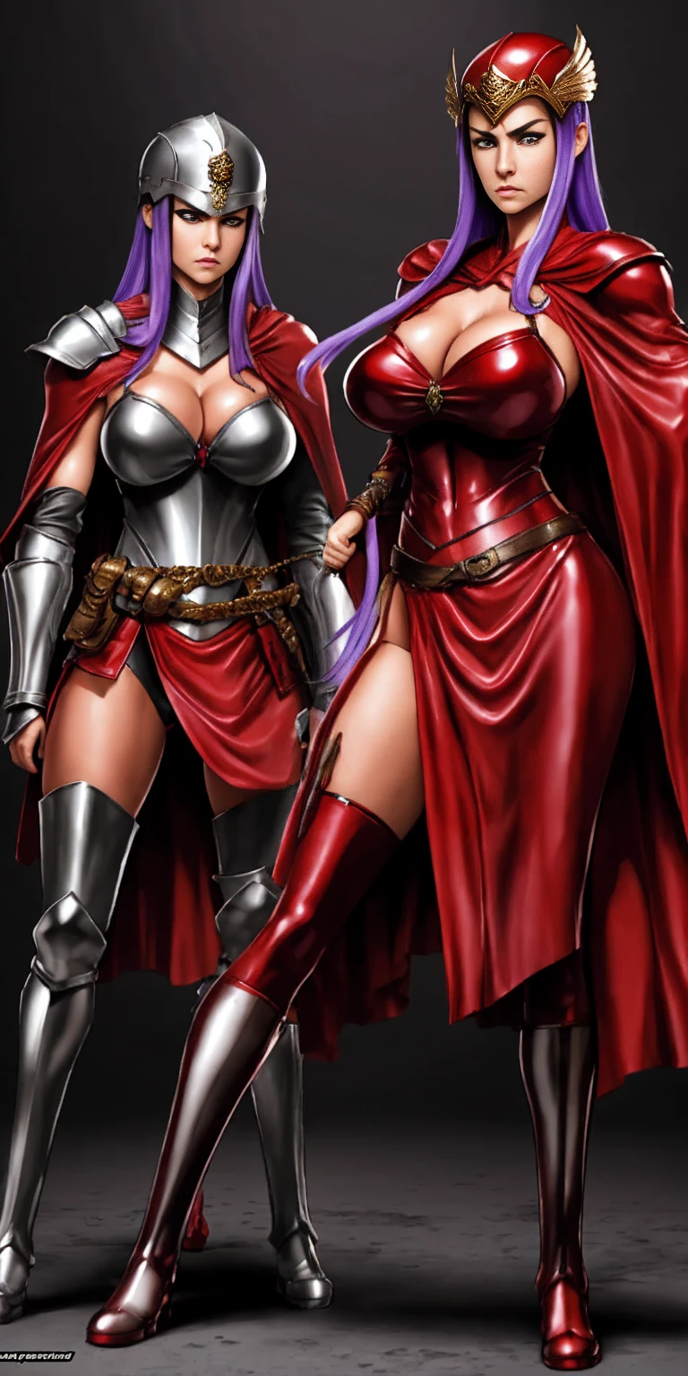 Character: Gender: Female Age: Mature (combines "veteran warrior" and "milf") Body type: Strong and athletic Skin: Very purple Hair: (details missing from prompt, can be added later) Attire: Armor: Full body, heavy armor (preferably red accents) Clothing: Red cape Adventurer's outfit (suggests practicality and readiness for exploration) Brown leather boots Pose: Full body standing Straight posture Symmetrical (implies a confident and imposing stance) Additional Notes: Avoid overly sexualized terms ("bimbo") Consider replacing "milf" with a descriptor that emphasizes experience, like "seasoned warrior" Optional details you can add: Hair color and style (e.g., long flowing braid, short and practical) Specific details about the armor (e.g., decorated breastplate, ornate helmet) Facial expression (e.g., determined, stoic)