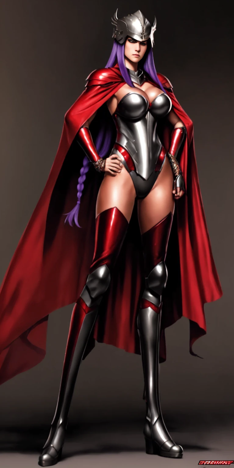 Character: Gender: Female Age: Mature (combines "veteran warrior" and "milf") Body type: Strong and athletic Skin: Very purple Hair: (details missing from prompt, can be added later) Attire: Armor: Full body, heavy armor (preferably red accents) Clothing: Red cape Adventurer's outfit (suggests practicality and readiness for exploration) Brown leather boots Pose: Full body standing Straight posture Symmetrical (implies a confident and imposing stance) Additional Notes: Avoid overly sexualized terms ("bimbo") Consider replacing "milf" with a descriptor that emphasizes experience, like "seasoned warrior" Optional details you can add: Hair color and style (e.g., long flowing braid, short and practical) Specific details about the armor (e.g., decorated breastplate, ornate helmet) Facial expression (e.g., determined, stoic)