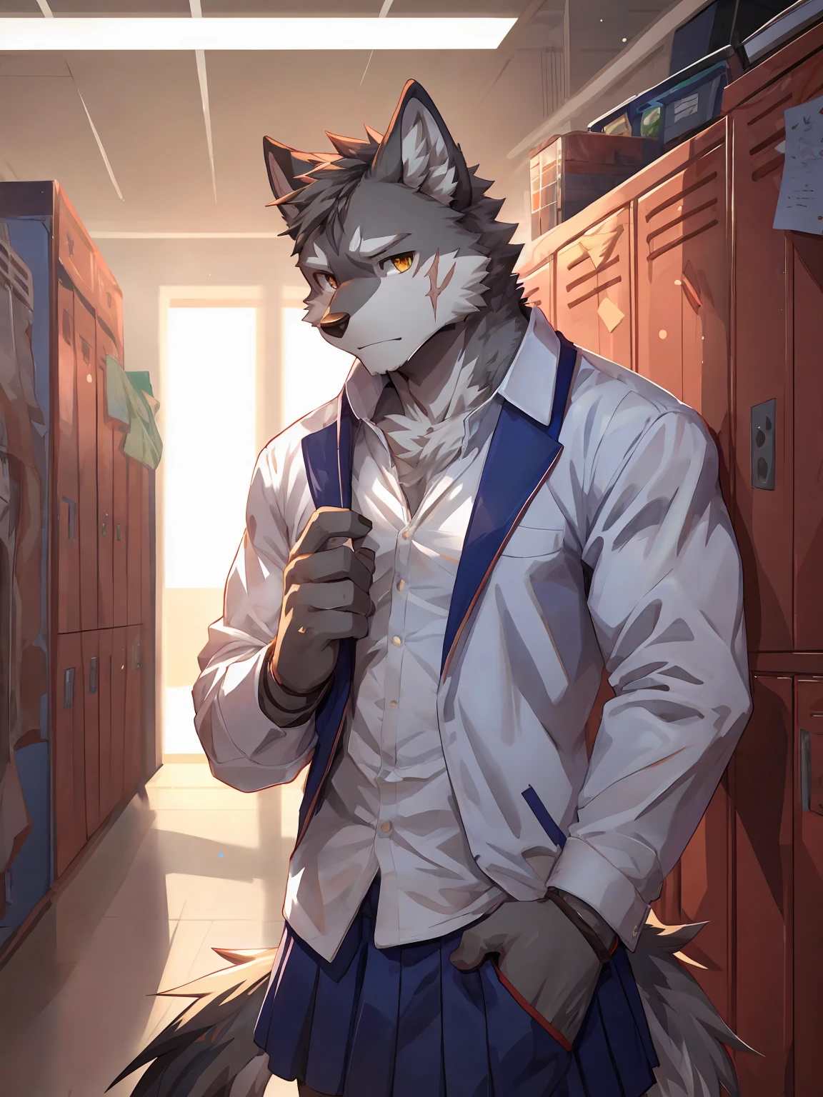 embedding:Gray wolf,Golden Eyes，Single Person,a scar on the face.Gray fur，High school students,no hair,male school uniform,Scratch head,Standing by the school locker,Nervous,Male.Thin,Handsome,Smart,Nervous,Best quality hands, best quality eye，detailed fur，Delicate eyes.Extreme picture quality，by sollyz,by zixiong,by null_ghost