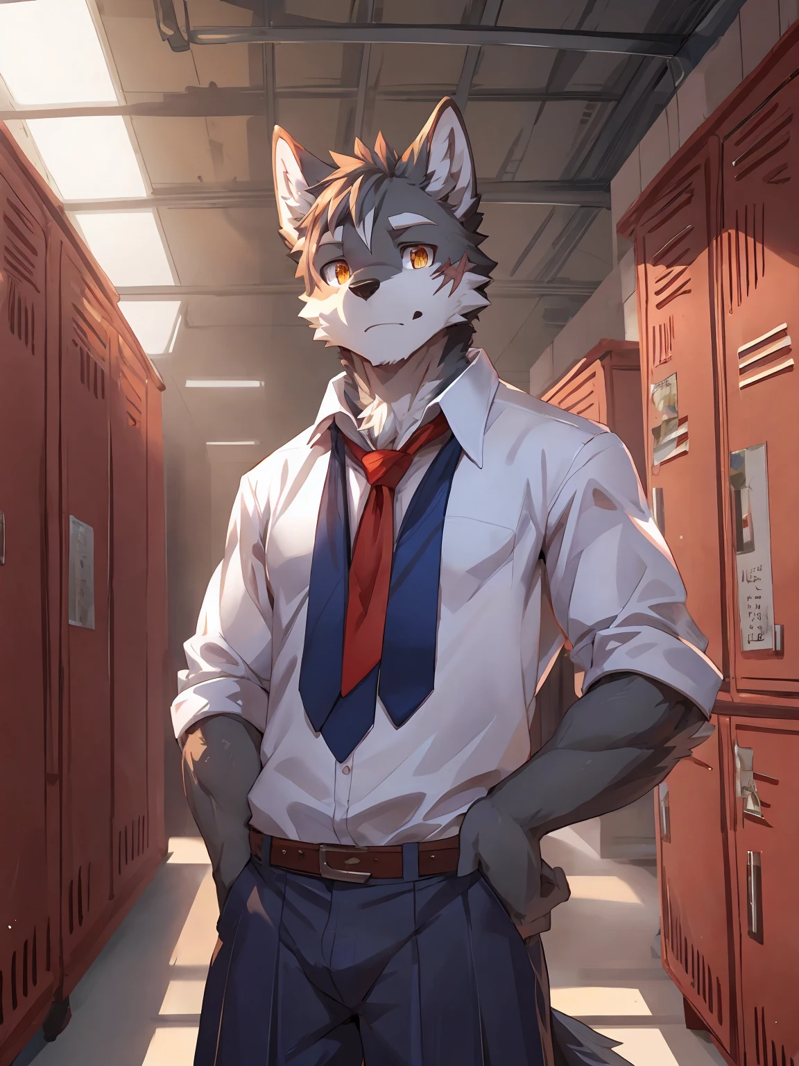 embedding:Gray wolf,Golden Eyes，Single Person,a scar on the face.Gray fur，High school students,no hair,male school uniform,Scratch head,Standing by the school locker,Nervous,Male.Thin,Handsome,Smart,Nervous,Best quality hands, best quality eye，detailed fur，Delicate eyes.Extreme picture quality，by sollyz,by zixiong,by null_ghost