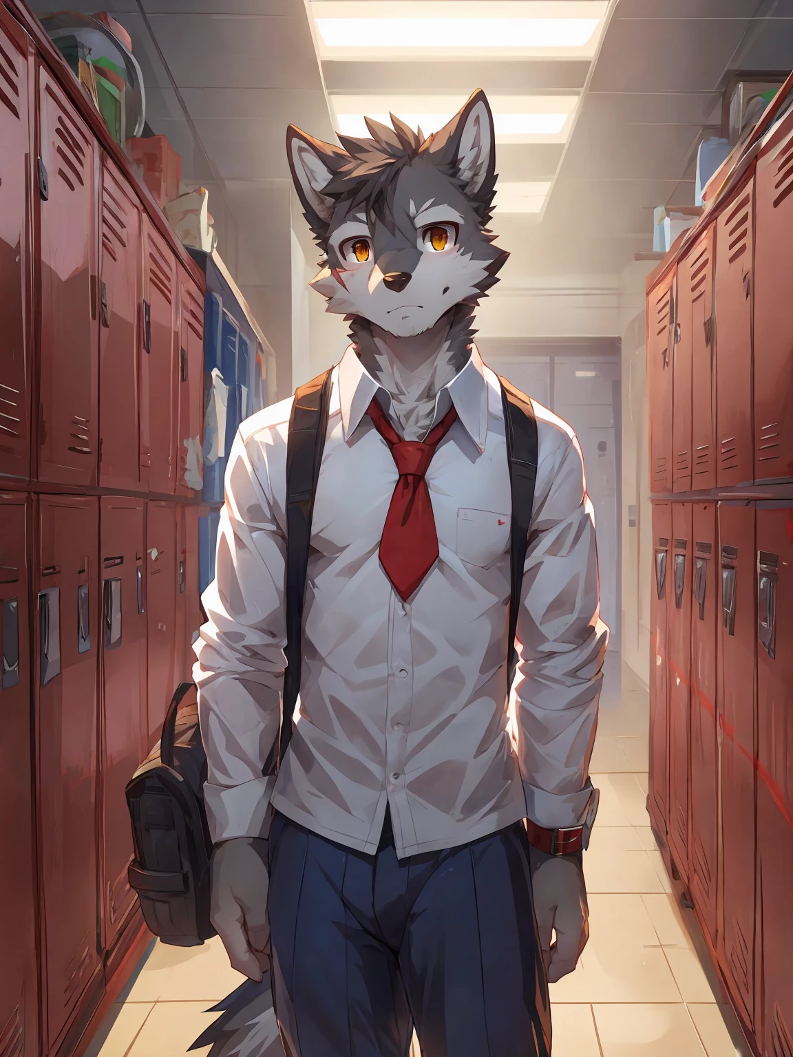embedding:Gray wolf,Golden Eyes，Single Person,a scar on the face.Gray fur，High school students,no hair,male school uniform,Scratch head,Standing by the school locker,Nervous,Male.Thin,Handsome,Smart,Nervous,Best quality hands, best quality eye，detailed fur，Delicate eyes.Extreme picture quality，by sollyz,by zixiong,by null_ghost