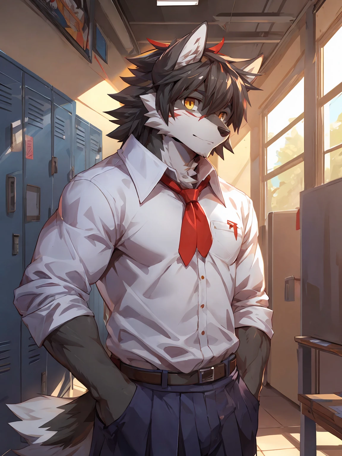 embedding:Gray wolf,Golden Eyes，Single Person,a scar on the face.Gray fur，High school students,no hair,male school uniform,Scratch head,Standing by the school locker,Nervous,Male.Thin,Handsome,Smart,Nervous,Best quality hands, best quality eye，detailed fur，Delicate eyes.Extreme picture quality，by sollyz,by zixiong,by null_ghost