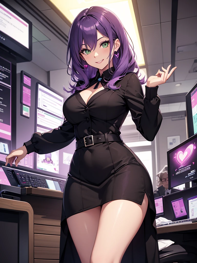 milf, secreataria, excited, ahego, heart in his eyes, light green eyes, black secretary dress, light purple hair, high quality, working background, exposed legs, seductive look, smiling.