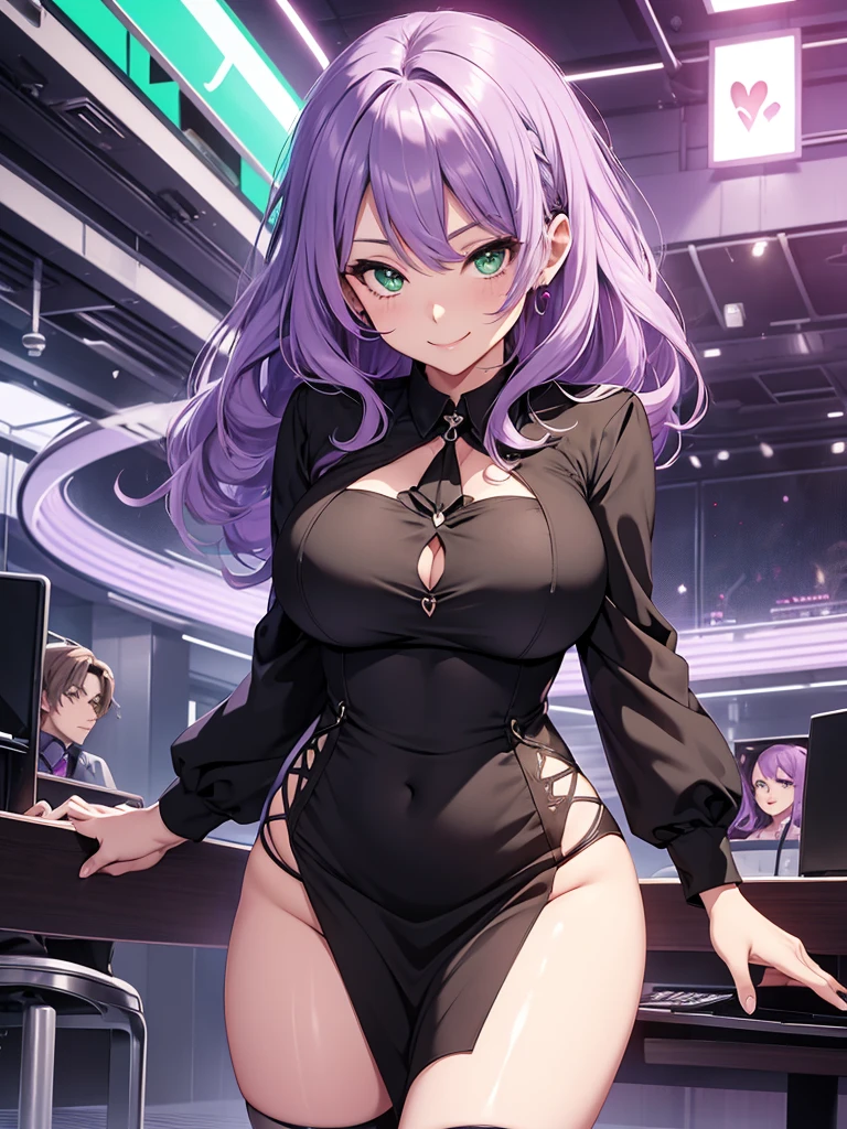 , secreataria, excited, ahego, heart in his eyes, light green eyes, black secretary dress, light purple hair, high quality, working background, exposed legs, seductive look, smiling.
