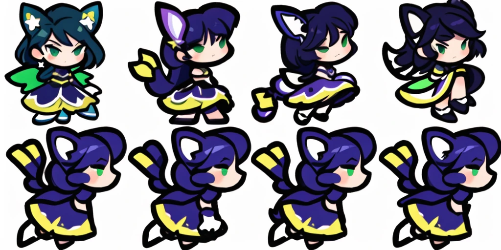 a close up of a cartoon character with different poses, spritesheet, sprite sheet, with familiar sprites, sprites, fairy girl, morgana, default pose neutral expression, twirling, sprite 2 d, shady, green fairy, smol,  multiple poses, cute chibi, kawaii