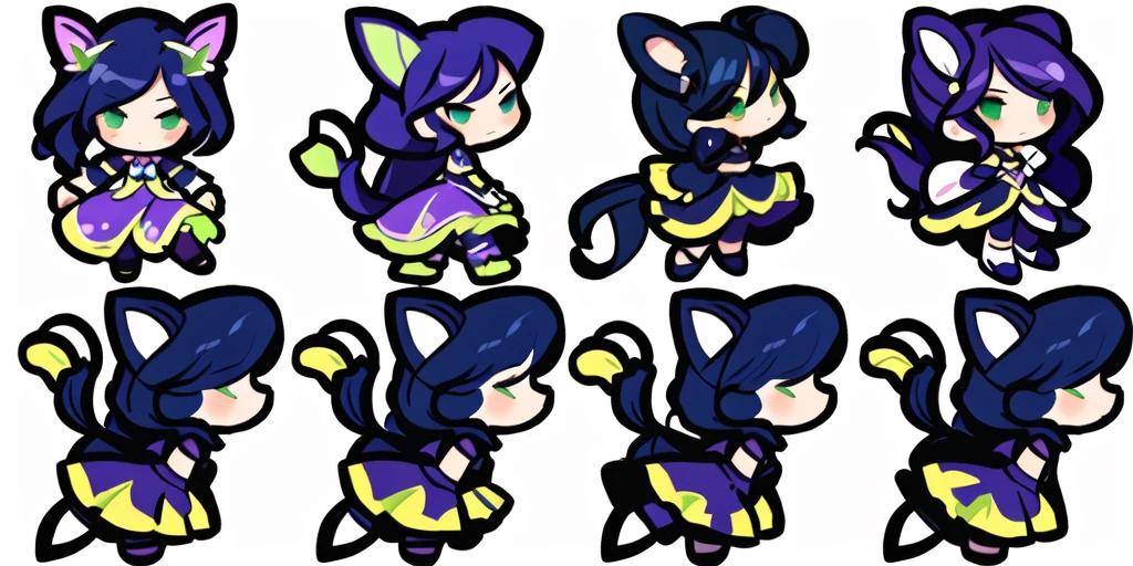 a close up of a cartoon character with different poses, spritesheet, sprite sheet, with familiar sprites, sprites, fairy girl, morgana, default pose neutral expression, twirling, sprite 2 d, shady, green fairy, smol, multiple poses, cute chibi, kawaii