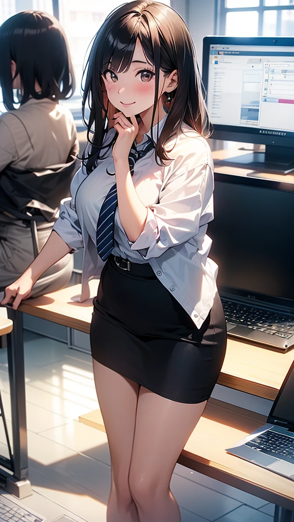 8K, Professional Lighting, 1. Japanese women(20th Generation), office, During a hybrid meeting, Business Casual, Smartphone and laptop, A large display for online meetings in the background, SDGs Poster, A workplace where diversity and technology coexist