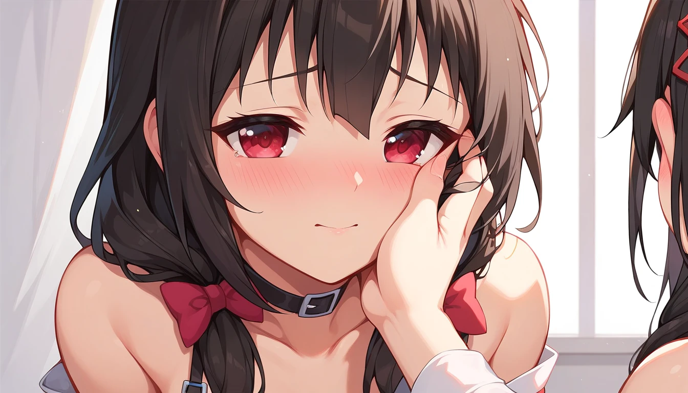 ((2girls:1.3)), ((moe style:1.3)), ((kabedon:1.3)), ((hand on face:1.3)), teasing, ((medium full shot)), yuri, ((black hair:1.3)), megumin (konosuba), yunyun (konosuba), ((shy:1.3)), blush, ((perfect face)), ((extremely cute:1.3)), ((masterpiece:1.3)), ((8k)), ((best quality:1.3)), ((beautiful)), ((extremely detailed:1.3)) , ((absurdres)), AddXL, ((score_9:1.3)), ((score_8_up:1.3)), ((score_7_up:1.3)), Expressiveh