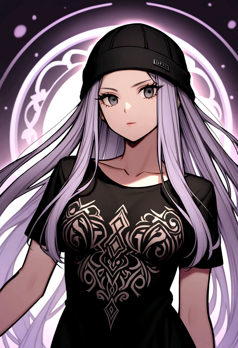 a woman with black eyes, lilac and long hair, wearing a black beanie, black t-shirt,