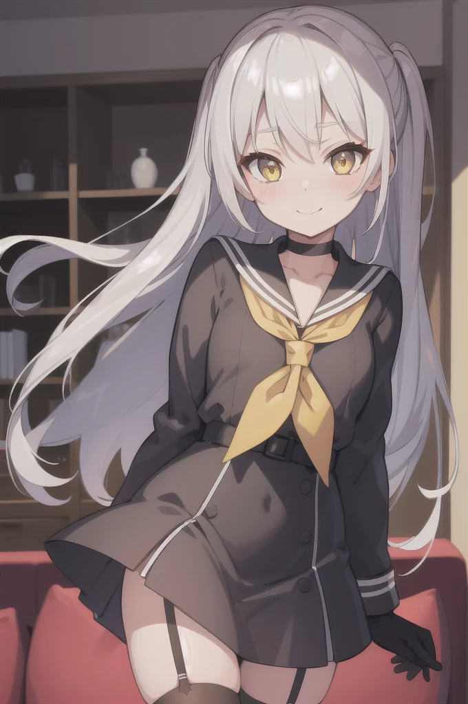 (masterpiece, Highest quality:1.3), (Super detailed), {figure, Studio Light, Picturesque}, [Best Shadow],
break
(ShizumaCSA)_(Konishi CSA),
break
(Perfect Anatomy), (Symmetrical eyes, Beautiful Eyes), (Sharp eyeliner, Beautiful Face), (Yellow Eyes:1.25),
break
nice hands, Perfect hands,
break
1girl, Focus Only,
break
Amtkztake meKC, (take me) dress, (Ticker) Hair Tube, (chimney) For the mini, (white) Sailor collar, (gray) long neckerchief:1.2), ((wheate) (Right-handed) Gloves:1.2), (single Gloves), (red) (Striped) Knee socks,
break
(black) (Long sleeve) short sailor dress,  (black) choker,  (black) Garter Straps,
break
looking at viewer, Cowboy Shot, Facing the audience, A kind smile, Open your mouth, (indoor, office, living room), Stand up straight, red面,
break
