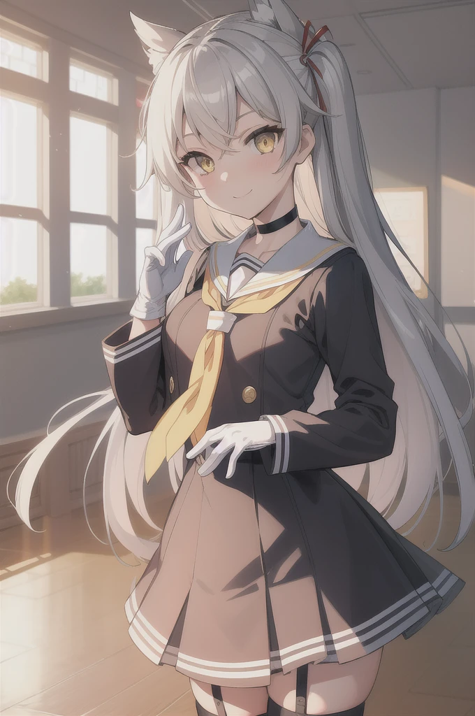 (masterpiece, Highest quality:1.3), (Super detailed), {figure, Studio Light, Picturesque}, [Best Shadow],
break
(ShizumaCSA)_(Konishi CSA),
break
(Perfect Anatomy), (Symmetrical eyes, Beautiful Eyes), (Sharp eyeliner, Beautiful Face), (Yellow Eyes:1.25),
break
nice hands, Perfect hands,
break
1girl, Focus Only,
break
Amtkztake meKC, (take me) dress, (Ticker) Hair Tube, (chimney) For the mini, (white) Sailor collar, (gray) long neckerchief:1.2), ((wheate) (Right-handed) Gloves:1.2), (single Gloves), (red) (Striped) Knee socks,
break
(black) (Long sleeve) short sailor dress,  (black) choker,  (black) Garter Straps,
break
looking at viewer, Cowboy Shot, Facing the audience, A kind smile, Open your mouth, (indoor, office, living room), Stand up straight, red面,
break
