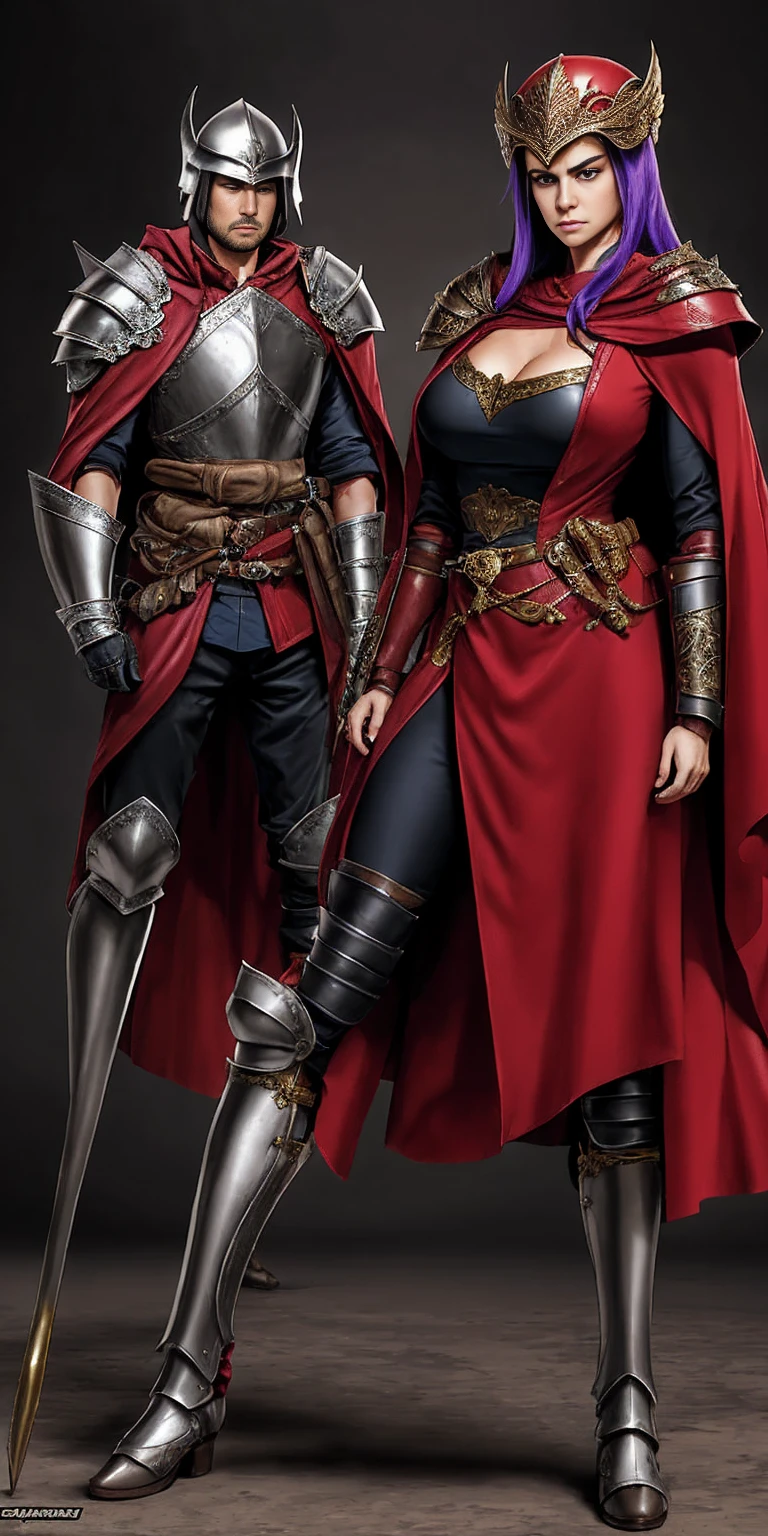 Character: Gender: Female Age: Mature (combines "veteran warrior" and "milf") Body type: Strong and athletic Skin: Very purple Hair: (details missing from prompt, can be added later) Attire: Armor: Full body, heavy armor (preferably red accents) Clothing: Red cape Adventurer's outfit (suggests practicality and readiness for exploration) Brown leather boots Pose: Full body standing Straight posture Symmetrical (implies a confident and imposing stance) Additional Notes: Avoid overly sexualized terms ("bimbo") Consider replacing "milf" with a descriptor that emphasizes experience, like "seasoned warrior" Optional details you can add: Hair color and style (e.g., long flowing braid, short and practical) Specific details about the armor (e.g., decorated breastplate, ornate helmet) Facial expression (e.g., determined, stoic)