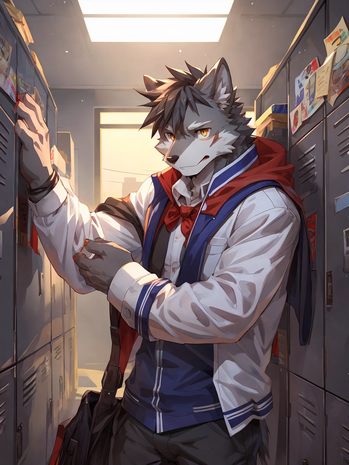 embedding:Gray wolf,Golden Eyes,Single Person,a scar on the face.Gray fur,High school students,no hair,male school uniform,Scratch head,Standing by the school locker,Nervous,Male.Thin,Handsome,Smart,Nervous,Best quality hands, best quality eye,detailed fur,Delicate eyes.Extreme picture quality,by sollyz,by zixiong,by null_ghost