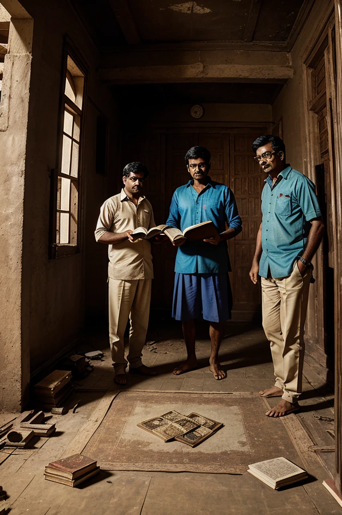 Capture the moment Raju, Sanjay, and Mohan discover the dusty old book in a forgotten room, its pages filled with cryptic symbols and faded illustrations.