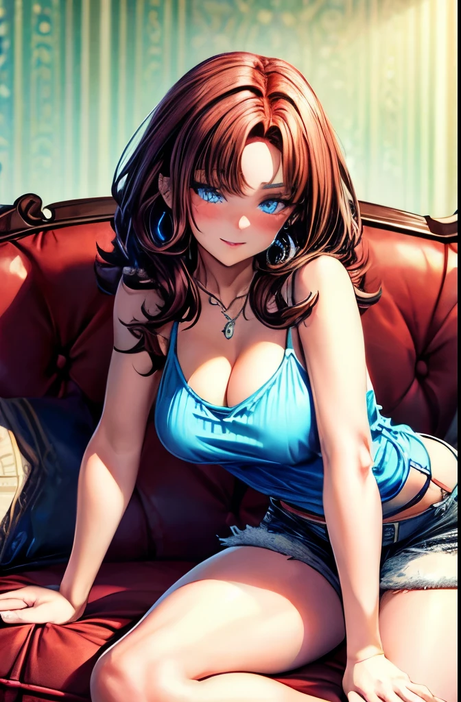 full body shot, thick auburn hair, crystal blue eyes, open mouth smile, aroused 25 years old, playfully aroused, dripping with desire, cleavage, low cut spaghetti strap tank top , shorts, slim waist, standing stretching, coy smile with open parted lips, (blushing:1.3), looking invitingly at the viewer, seductive eyes, facing the viewer, livingroom background, posing by the sofa, (pov), glowing eyes, necklace, earrings, nsfw,