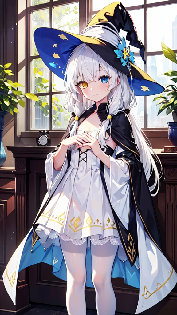 White hair,Long hair,Heterochromia(Left blue right yellow),Smile,Female face,There are bright spots in the eyes,Female hands,White little hands,Normal fingers,flat chest,Witch costume,White pantyhose,In the room