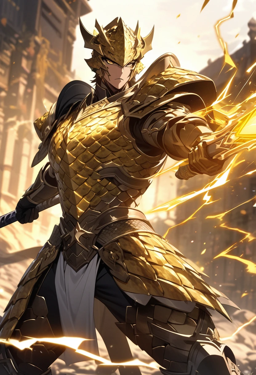 an extremely detailed 4k of a warrior clad in dragon scale armor made of lightning with electricity sparking behind the warrior, wielding a yellow lightning steel staff