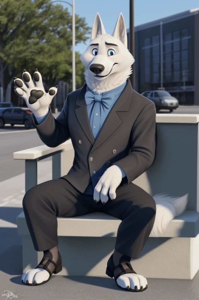 Gary \(Zootopia\), (white body:1.3), white fur, Blue eyes, Zootopia, dressed,blazer,shirt bow tie,trousers,leather strap sandals heels, ,thick sole doggy, wolf, detailed fur, male, antro, paw pads, finger claws, waving, waving at viewer, 5 fingers, paws, 4 toes, it's sitting
BREAK from nextel, for dating, by xenoforge, (difficult, high detail, film photography, soft focus, RAW explicit cinema,
Photorealism, realistic, photorealistic, analog style, Subsurface scattering,
masterpiece, Best quality, ultra realistic, 8 k)