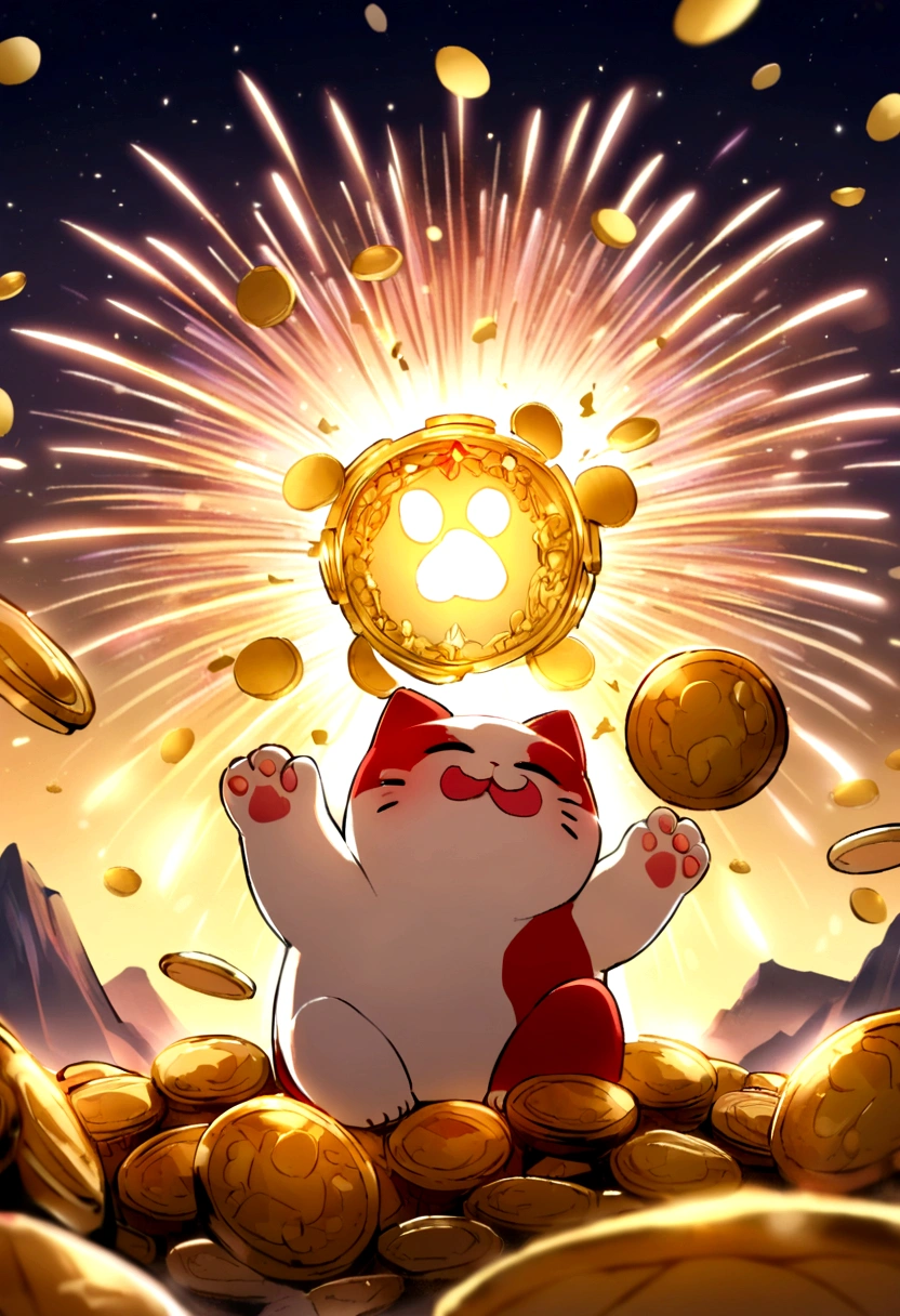 A bright and colorful waving lucky cat holding a pile of golden coins with glittering fireworks exploding in the background