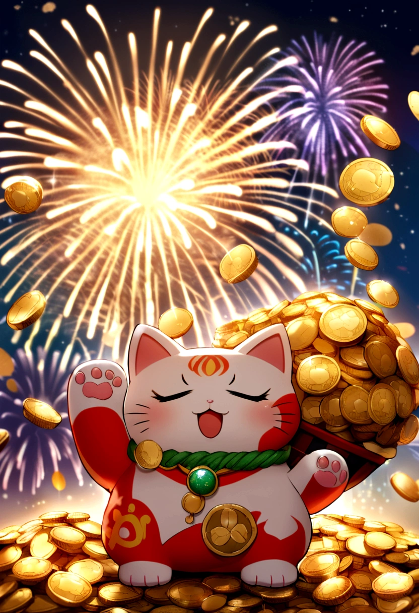A bright and colorful waving lucky cat holding a pile of golden coins with glittering fireworks exploding in the background