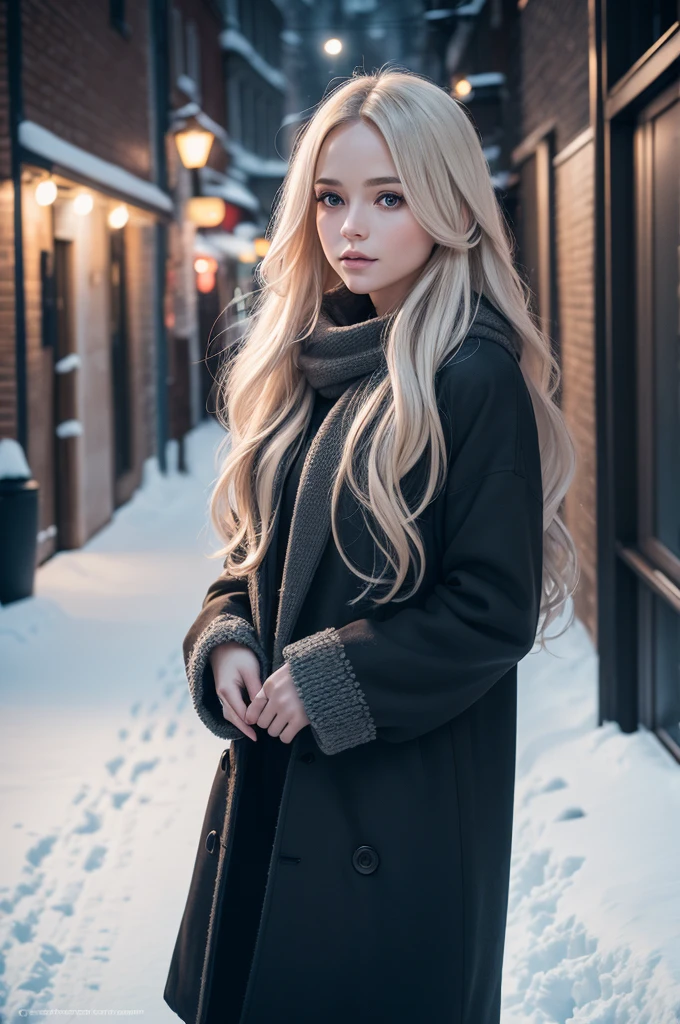 professional photography of a beautiful norwegian girl in winter clothes with long wavy blonde hair, sensual and seductive look, beautiful symmetrical face, beautiful natural makeup, wearing chic warm winter fashion clothing, ((standing outside on the snowy city street)), impressive modern urban environment, ultra realistic, conceptual artwork, chic, highy detailed, intricate, sharp focus, Depth of field, f/1. 8, 85 mm, medium shot, mid shot, (((professional color grading))), soft and bright diffused light, (Volumetric fog), Trends on Instagram, HD 4k, 8K