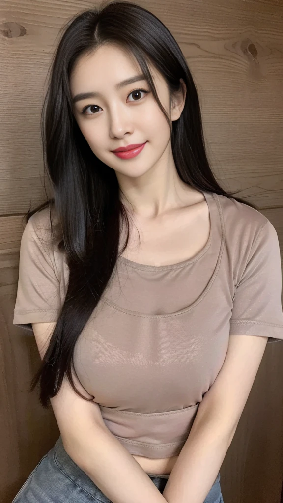 ((best quality, 8K, masterpiece, Clear focus )), 18 years old young Korean girl, ((Dark brown long hair, Huge breasts:1.3，Large, round chest :1.3)), Slim abdominal muscles :1.5,((Round neck low cut tight short T-shirt :1.6) ), (Wooden wall background :1.2), Highly detailed face and skin textures, Delicate eyes, Double eyelids, Toothy smile，sweet，cute，collagen，cosmetic，Focus on the chest