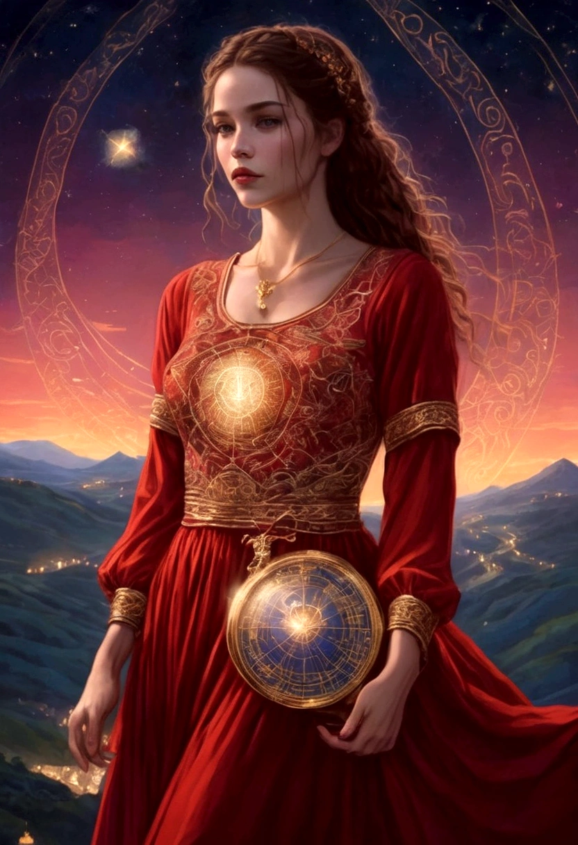 A woman in a love themed red dress with loads of intricate gold love embroidery, carrying a tome, on a hill top, two astrological sign light up brightly in the skies with the connective lines, night