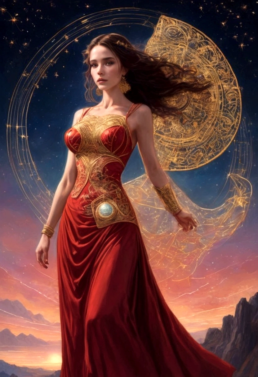 A woman in a love themed red dress with loads of intricate gold love embroidery, carrying a tome, on a hill top, two astrological sign light up brightly in the skies with the connective lines, night
