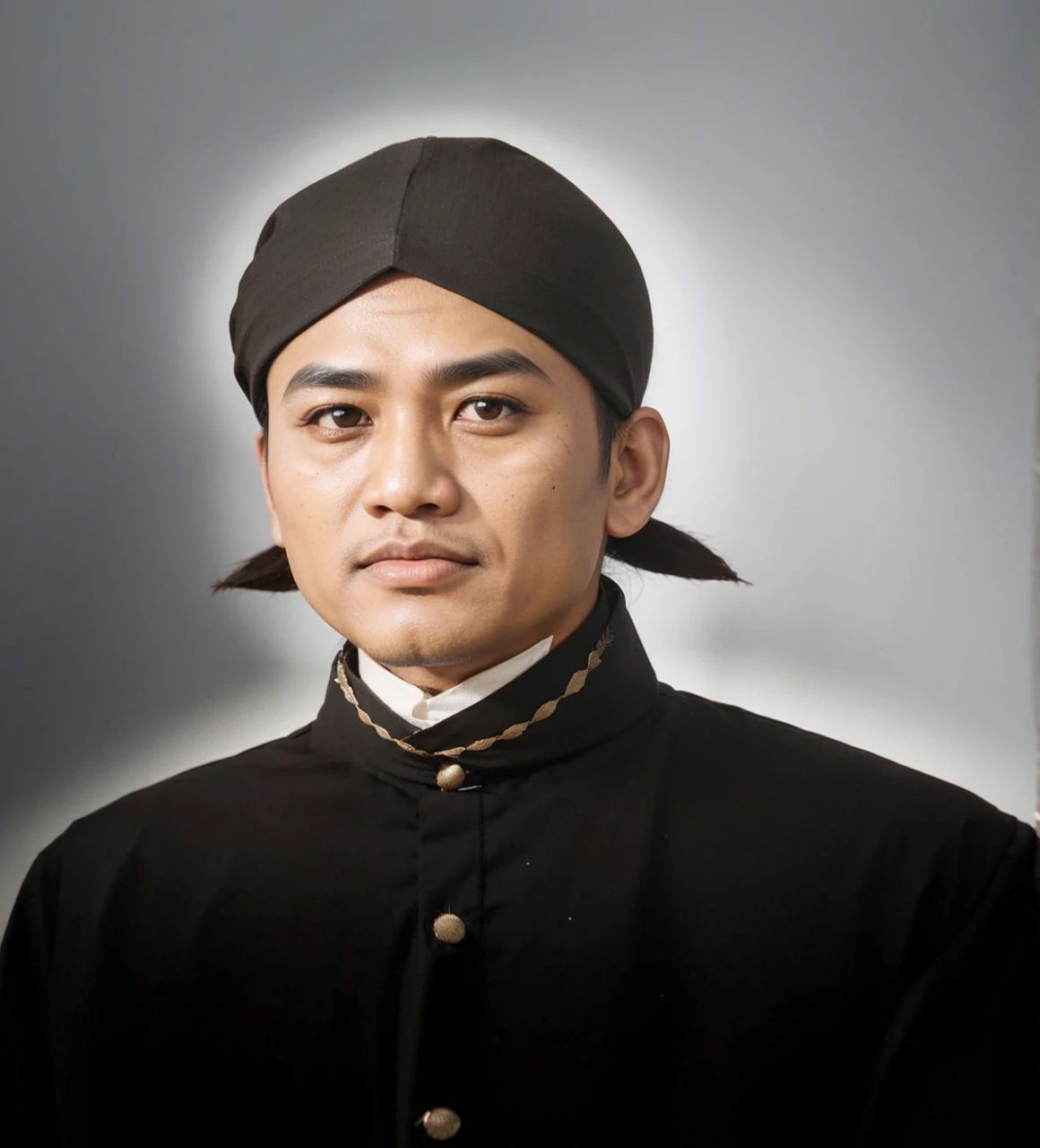 The Indonesian Muslim man was an ancient king, wearing a Javanese head covering/blangkon and a black kanigaran shirt with Islamic nuances, aged 40 years or over, slightly wrinkled brown skin, slightly large, clear eyes looking forward, rather short, large nose, closed mouth lips balanced up and down, long thick eyebrows. HD quality realistic images.